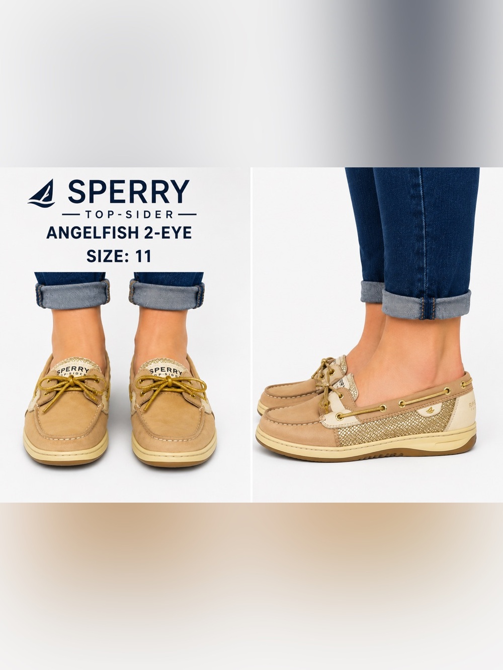 Sperry Angelfish 2-Eye Boat Shoes Linen Gold Glitter Leather Size 11 Preppy